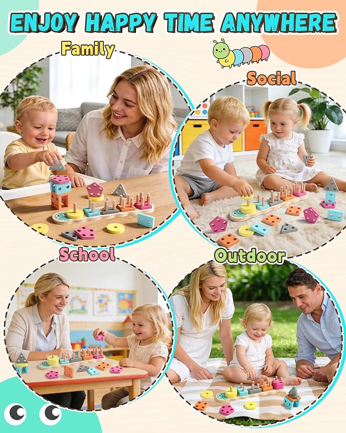 Zeewoo Montessori Toys for 1 2 Year Old Girl Gifts Educational for 1-3 Year Old Caterpillar Wooden Shape Sorter Stacking Toys for Toddlers 2-4 Preschool Learning Toy Birthday Boy Girl Gift