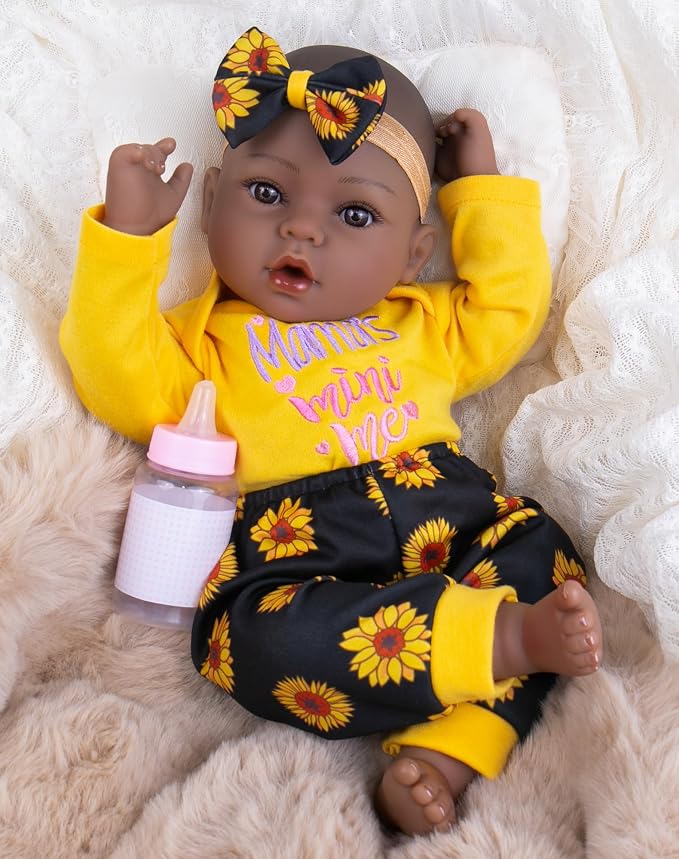 Aori Black Reborn Baby Dolls, 18 inches Real Black Baby Doll with Feeding Kit Included, Realistic Newborn Black Baby for Kids 3+, Birthday, Pretend Play