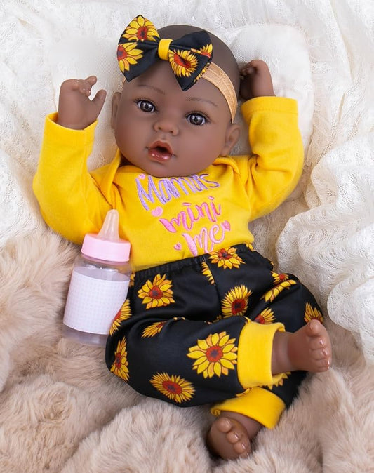 Aori Black Reborn Baby Dolls, 18 inches Real Black Baby Doll with Feeding Kit Included, Realistic Newborn Black Baby for Kids 3+, Birthday, Pretend Play