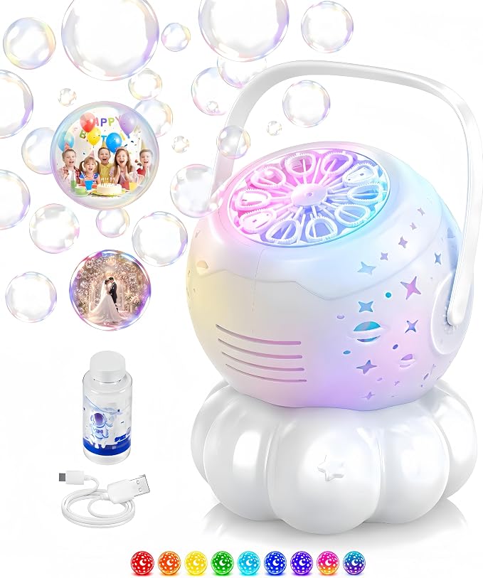 Bubble Machine for Kids, 3-in-1 Rechargeable Bubble Maker with 7 Night Light Star Projector, 30000+ Bubbles/Min, 600ml Large Capacity Electric Bubble Blower Toy for Weddings, Birthday Parties