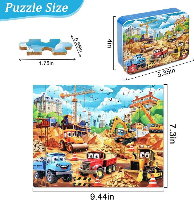 MZZOTOY Construction Vehicles Puzzles for Kids Ages 4-8, 60 Pieces Jigsaw Puzzles for Kids Ages 3-5 Puzzle for Girls and Boys Learning Educational Puzzles Toys in a Metal Box