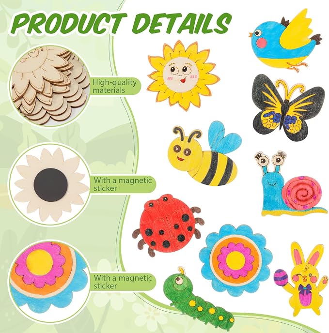 Blueweenly 72 Sets DIY Wooden Magnets Craft Kits for Kids Wooden Supplies Craft Painting Kit for Kids Activities Party Favors for Boys Girls Easter Basket Stuffers Birthday Party Gifts (Summer)