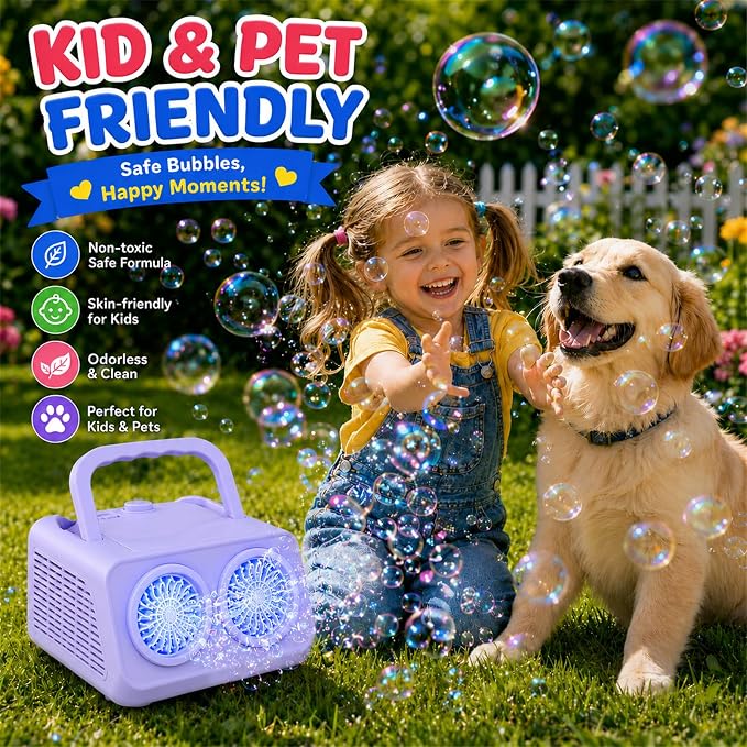 Bubble Machine with Dual Fans,20000+ Bubbles Per Minute | USB-C or AA Battery Operated,Leak-Proof Sealed Bottle,Portable Bubble Maker for Birthday Party Pool Wedding Outdoor