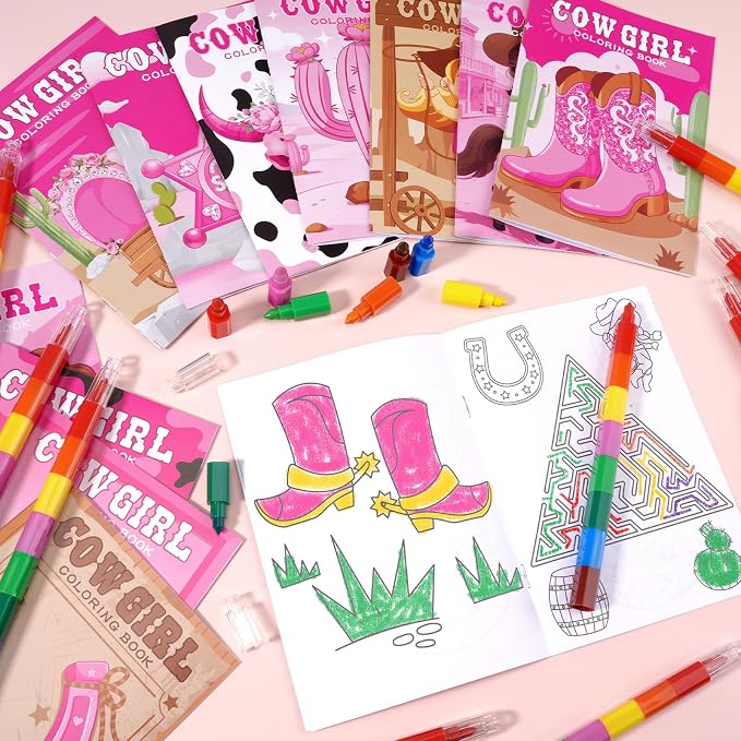 BenLouis 12 Cowgirl Mini Coloring Books Kids with 12 Stacking Crayons Western Girl Party Favors Small Activity Books Bulk for Kids Wild West Horse Party Gift Goodie Bag Stuffers