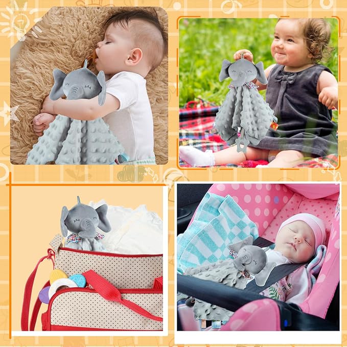 Elephant Security Blanket with Tags Teether Animal Taggie Soft Baby Blankets for Boys and Girls Baby Stuff for Newborn Toys Snuggle Baby Lovey Dotted Blanket Animal Soothing Crib Toy