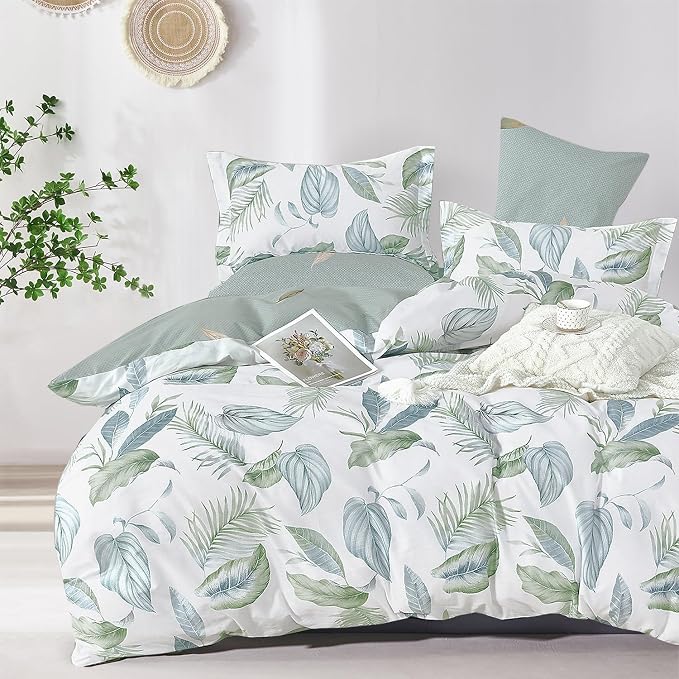 LEMIROE Botanical Cotton Comforter Queen Size - Sage Green Comforter Printed with Leaves & Ferns on White,Reversible Lightweight Bedding Sets 3Pcs(Leaves,90"×90")