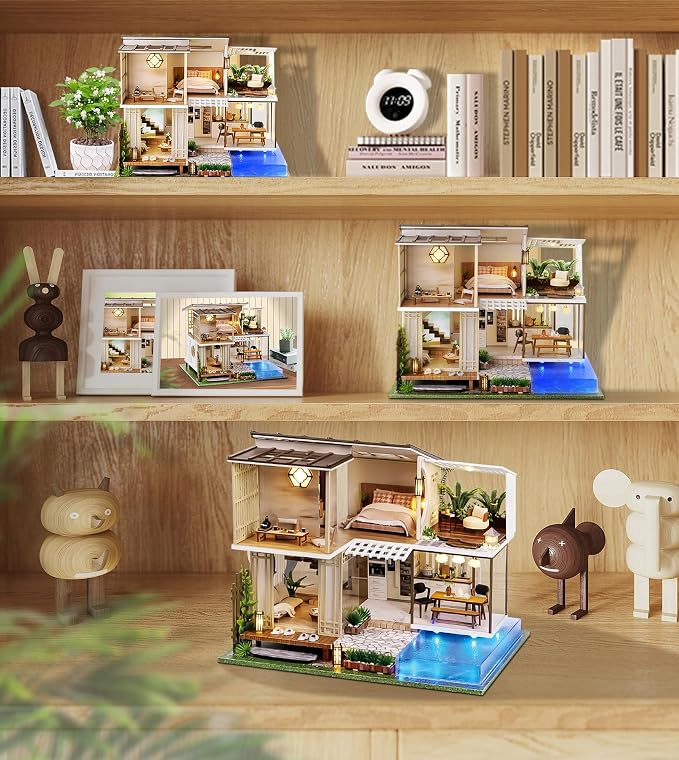 Spilay DIY Miniature House Kit for Adults, Miniature Dollhouse Building Kit | With Warm Light, Music Box & Dust Cover, Creative DIY Craft for Bookshelf Decor, Room Decoration & Gift Giving