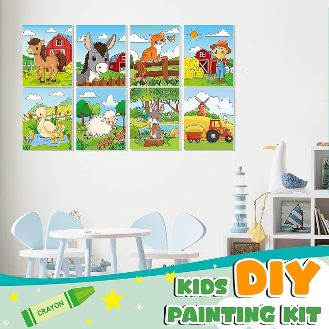 Ireer 12 Set Paint Party Set 8 x 10 Sip and Paint Kit Include 12 Printed Pre Drawn Canvas Panel, Wooden Easels, Palettes, Pots, Apron 36 Brushes for Adult Art DIY Party(Farm Animals)