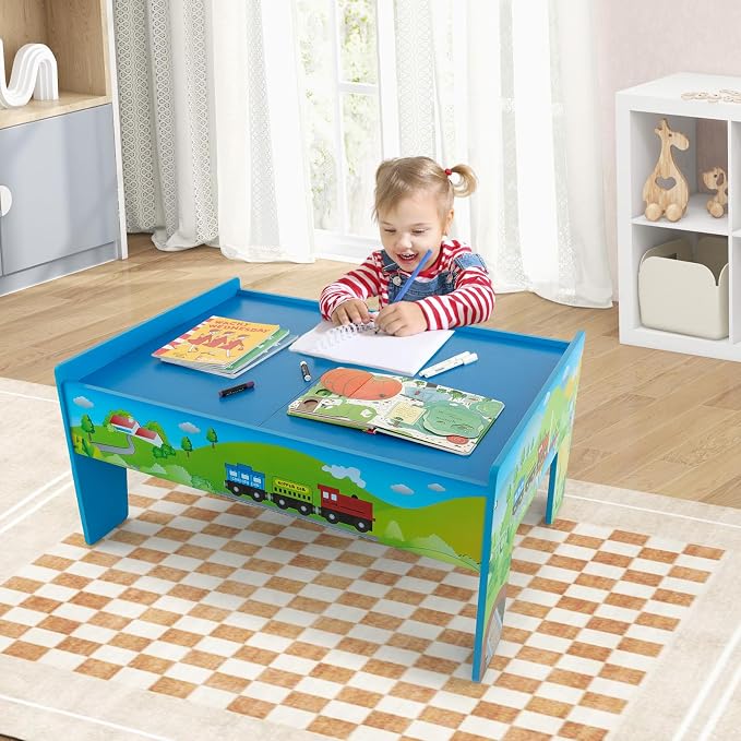 Costzon Train Table, 80 Pcs, Wooden Kids Activity Table Playset with Reversible & Detachable Tabletop, Solid Wood Tracks, Train, Railway, City, DIY Design, Gift for Boys & Girls, Multi-Color
