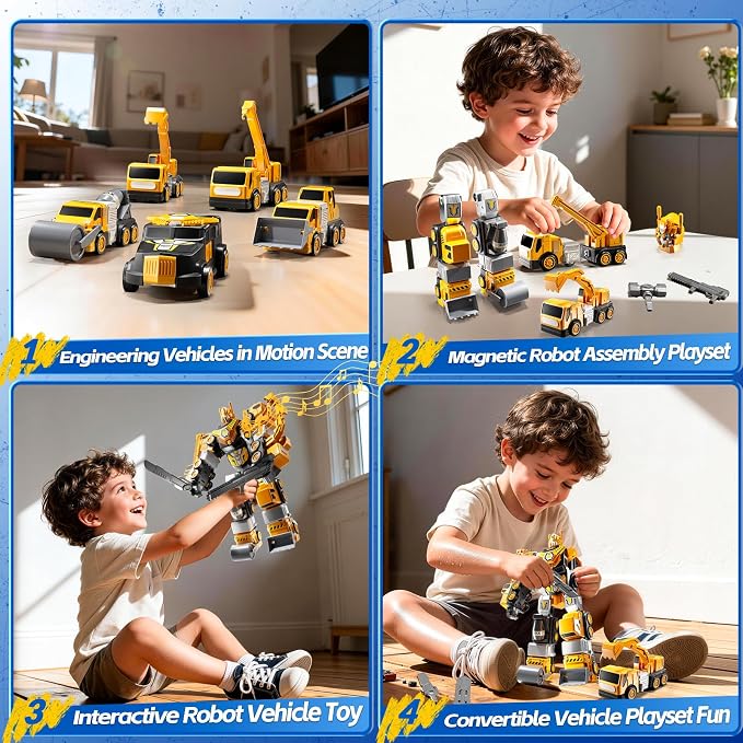 5-in-1 Robot Toys Cars for Kids 3-5, Magnetism Transforming Robots, Detachable Construction DIY Assembling Vehicle Sets, Educational Toys for Boys Girls 3 4 5 6 7 8, Birthday Gifts(Yellow)