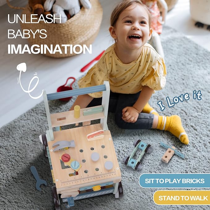 2-in-1 Baby Push Walker - Wooden Push Walker and Tool Toy for Babies - Toddler Learning Activity Walker for Girls Boys 1-3 Years - Educational and Sturdy Construction