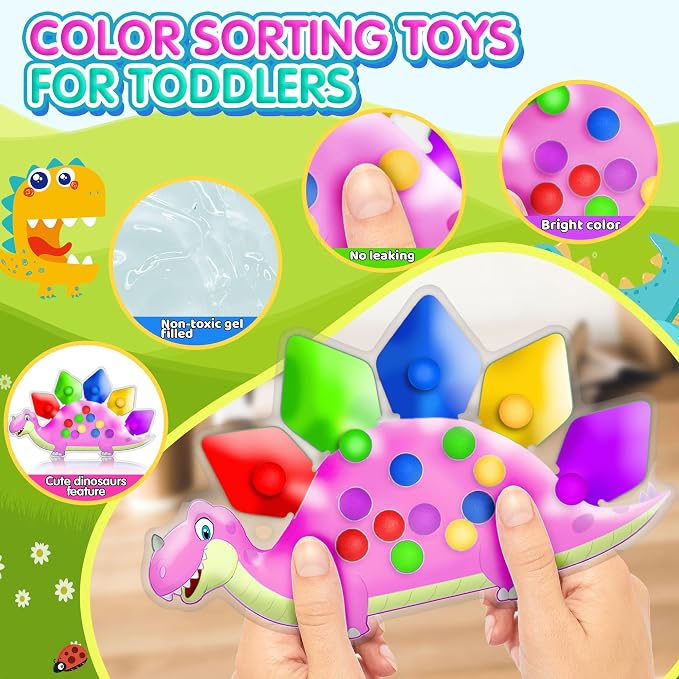Pink Dinosaur Color Sorting Sensory Toy for Toddler Girls, Montessori Toys Fine Motor Skill Calm Down Fidget for Classroom Activities Aged 2 3 4 Year Old Kid Valentine Easter Basket Stuffers Gifts