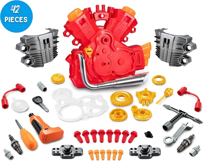POFJOEQ Engine Building Kit, Kids Mechanic Repair Set for Kids Motorcycle Engine，Take Apart Toys-42pc Playset，STEM Engine Model Kit Toy with Cool Lights&Sounds，Educational Toys for 3+ Year Old (red)