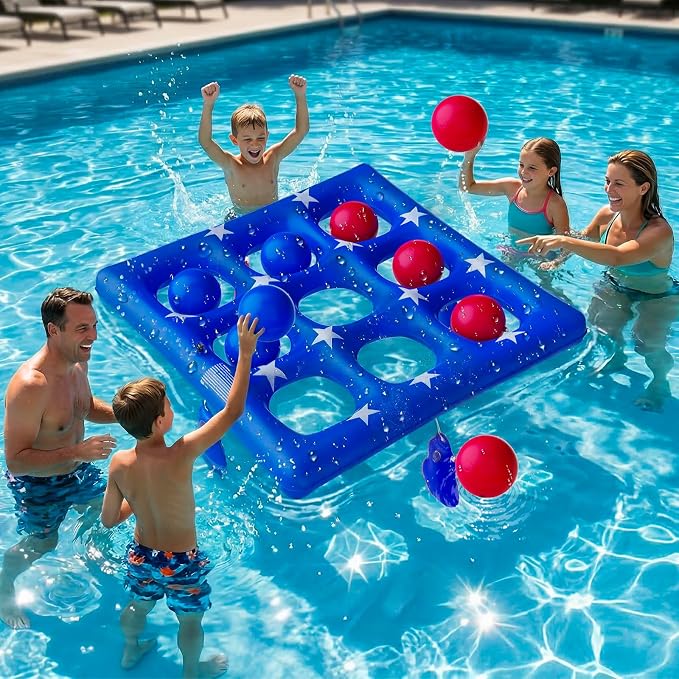 Pool Party Toys Games Set - Giant Inflatable Tic Tac Toe Float Game, Outdoor Pool Games for Adults Kids Family Pool Toys for 2-10 Players, Fun Swimming Beach Yard Activities with 10 Balls for Ages 6+