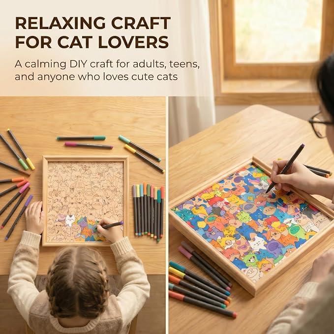 Wooden Rabbit Coloring Puzzle, 39-Piece DIY Kitties Jigsaw Craft with Frame and 12 Color Pens, Paintable Wood Board for Adults, Kids, Cat Lovers, Family Activity, Home Decor (Bunny)