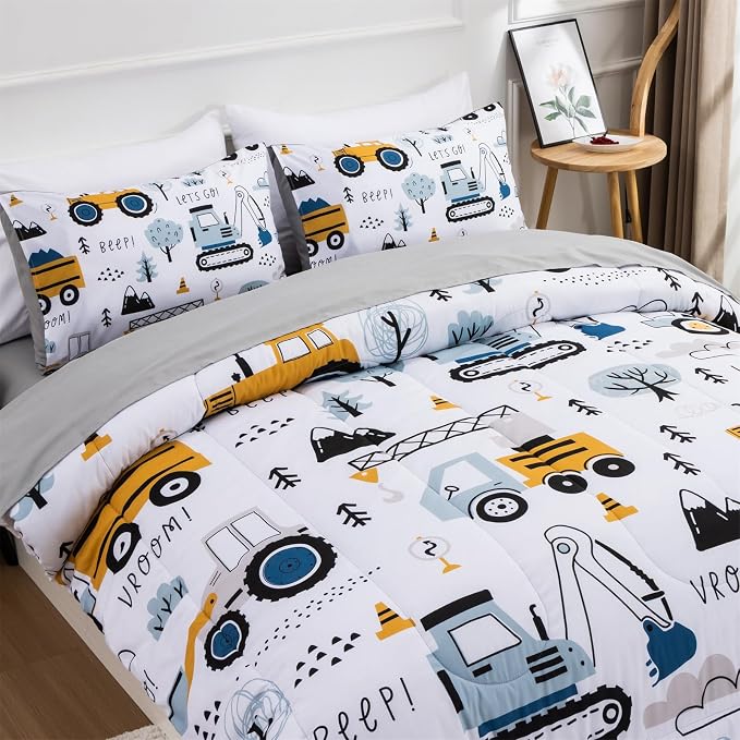 Holawakaka Trucks Tractors Cars Boys 5-Piece Bedding Comforter Sheet Set,Twin Size Cartoon Construction Car Excavator Print Kids Bed in A Bag, Excavator Mixer Truck Printed Bed Sets (White Twin)
