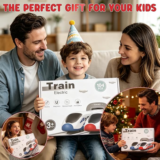 Wdmiya Train Sets for Toddlers, 104 Pcs Trains Toy with Battery Operated & Tracks (Magnetic Connection), Compatible with Thomas, Brio, Christmas Toy Gifts for 3 4 5 6 7 8 Years Old (City Red 104 Pcs)