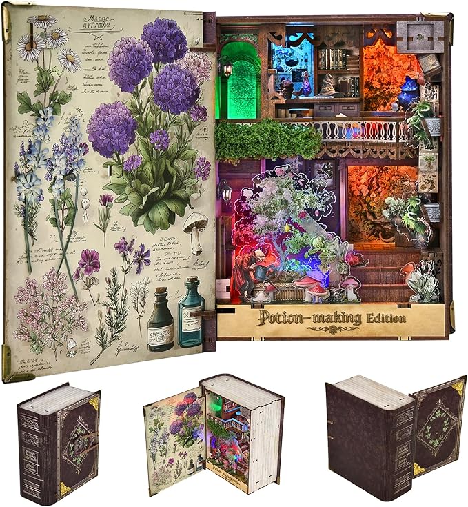 MiniCity DIY Book Nook Kit with 3D Puzzle Model Building Wooden Bookshelf Bookend Toy Halloween Christmas Birthday Gift (Potion-Making Edition)