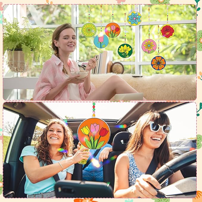 Nlicrst 32 Sets Flower DIY Sun Catcher Crafts Decorations, Sun Catcher Kits for Adults Window Art, Suncatcher Paint DIY Craft Kits for Kids Classroom Decorations