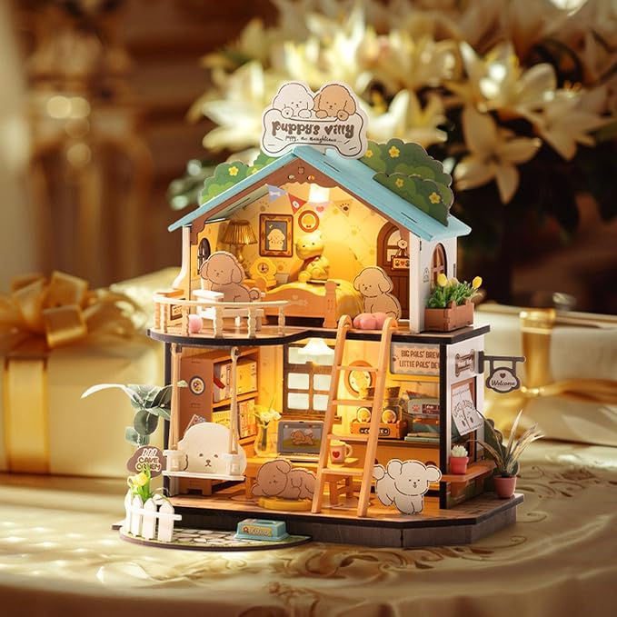 ROBOTIME DIY Miniature House Kit, Mini Wooden Dollhouse Diorama Model, Tiny House Building Kits,Birthday Christmas Craft Hobbies Gift for Teens Kids and Friends（Puppy's Cozy Villa）