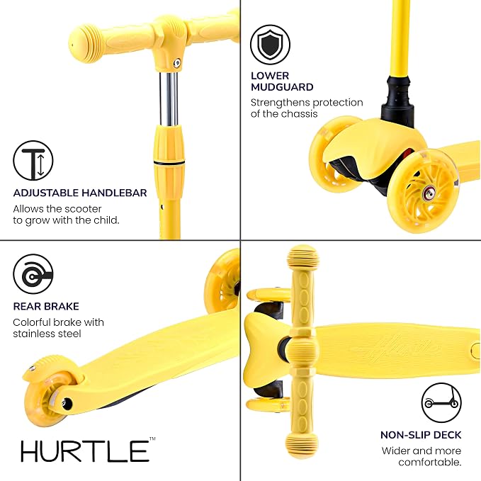 Hurtle Mini Kickboard 3 Wheel Scooter for Kids Ages 2-5 - Lean-to-Steer Toddler Scooter with Light-up LED Wheels, Adjustable Height & Rear Foot Brake for Boys. & Girls, Anti-Slip, Indoor/Outdoor
