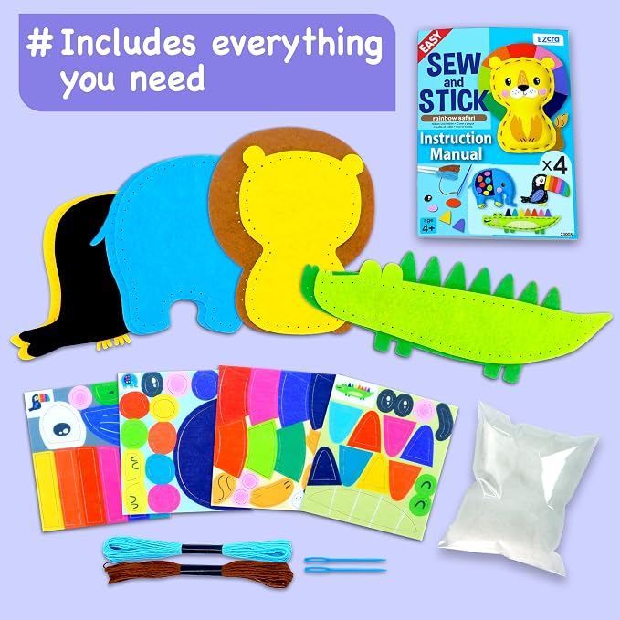 EZCRA Safari Animals Sewing Kit for Kids Ages 4-8 - 4 Beginner Felt Sewing Projects - Elephant No-Mess Arts & Crafts for Boys and Girls - Gift for Kids