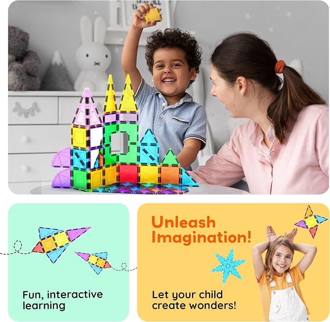 PicassoTiles Magnetic Tiles 152pcs Mirror Theme Magnet Tile Building Blocks STEM Sensory Toys with Car for Kids Toddlers Boys Girls Age 3+ Educational Learning Construction Play Set PT152