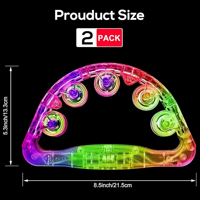 Light Up Tambourines for Adults, Sensory Toys for Kids with Autism，Musical gifts and Karaoke toys for special needs kids, Fun Neon Glow for Birthdays & Concerts (2 PCS)