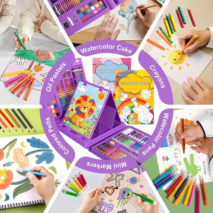 GOTIDEAL Art Supplies for Kids,Drawing Art Kit,210 PCS Kids Art Set with Double Sided Trifold Easel,Coloring Book, Crayons, Markers, Watercolor Pens, Arts & Crafts,Gift for 4-12 Year Old Girl(Purple)