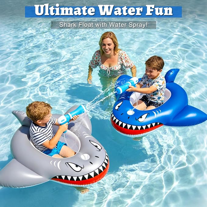 2 Pack Inflatable Shark Pool Floats Kids 3-11 Years, Kids Floaties Swimming Pool Toys with 2 Water Squirt Guns Boys Girls Party Float Ride-on Toddler Floatie with Safety Seat Summer Outdoor Water Game