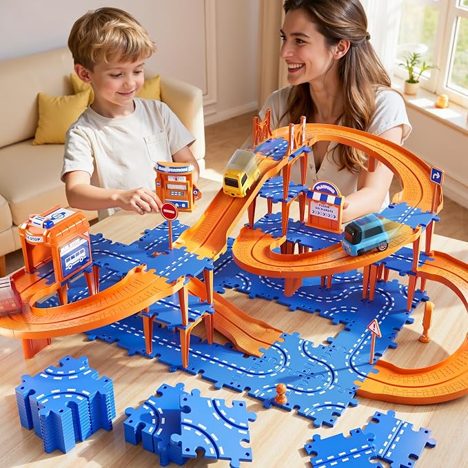 NIPLOOOW Puzzle Race Car Track Set for Kids 3-5, Floor Puzzle Track Car Set, Toddler Toys for 3 4 5 6 Years Old Boys, Toys Gift for Kids Boys Girls Age 3 4 5 6 7 8 Years Old