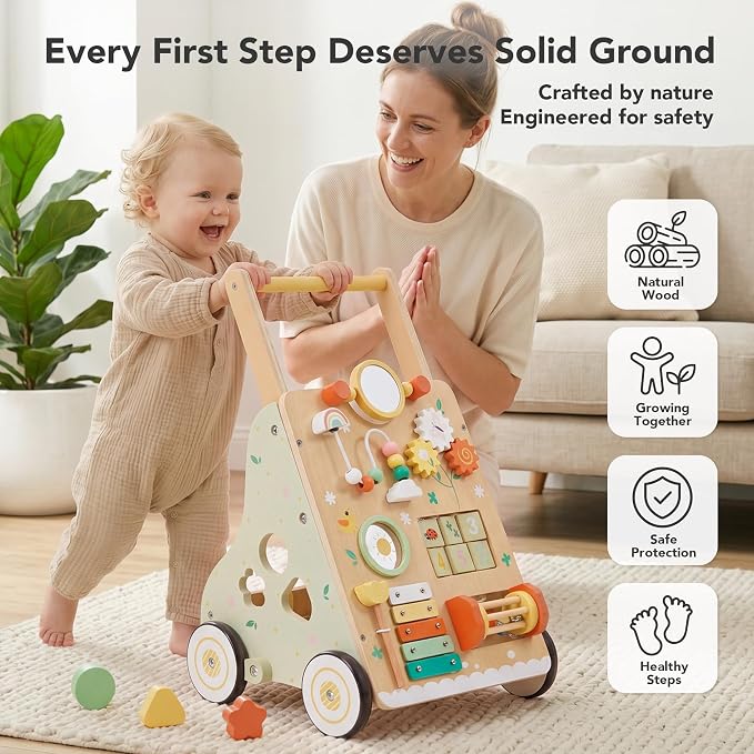 Wooden Baby Push Walker with 9-in-1 Activity Center for Boy Girl 1Y+ | Push Walker with Wheels for Toddler Infant Learn to Walk & Sit-to-Stand, First Birthday Toy Gift for 1-3 Year Old