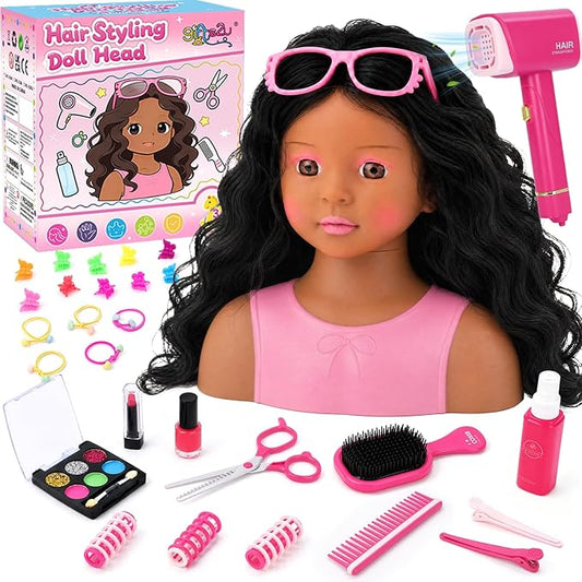Doll Head for Hair Styling Makeup Kids, Pretend Play Hair Salon Toys for Girls with Hairdryer Accessories Real Lipstick Makeup Palette, Black Princess Birthday Gifts for 3 4 5 6 7 8 Years Old