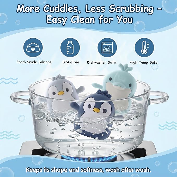 Baby Teething Toys for 3-6 Months Silicone Teething Mittens for Babies Food Grade Silicone Teether (Dolphin+Blue Penguin)