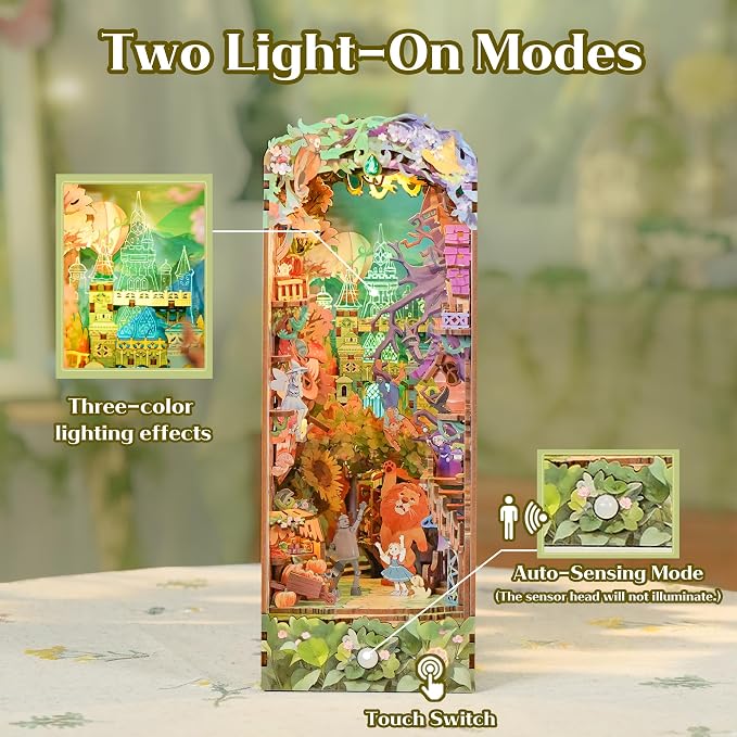 Tonecheer DIY Book Nook Kit, Dorothy's Journey 3D Puzzle Wooden Fairy Tales Miniature House Kit for Adults, Booknook Set Dollhouse Bookshelf Decor Bookend with Dust Cover and LEDs Ideal Gifts