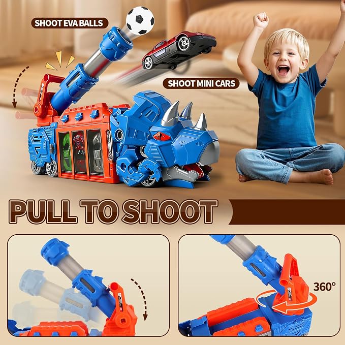 STBEIMEIMY Triceratops Dinosaur Truck, Foldable Storage & Shooting with 10 Cars Foldable Storage Holds 10 Cars & 12 Soft Balls, Sturdy Non-Toxic Build, Indoor & Outdoor Play