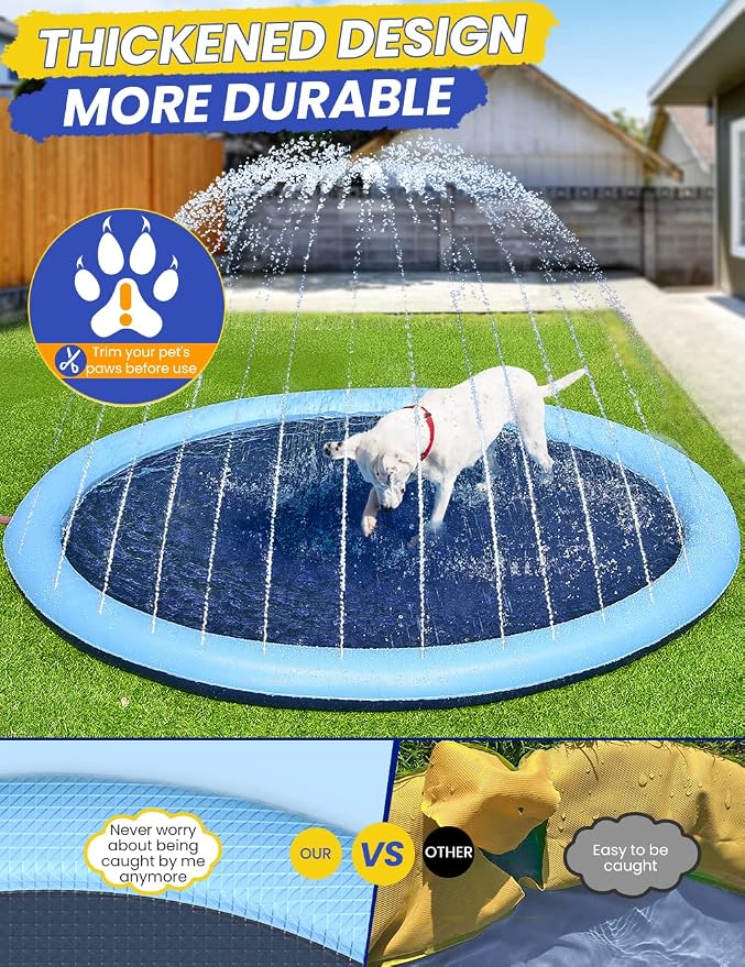 PETOCAT Splash Pad Non-Slip Dogs Cool Sprinkler Pool Extra Large Splash Pads for Kids Dog Baby Wading Pool Summer Outdoor Play Water Fun Toy Gift Easy to Use/Clean 67 inch