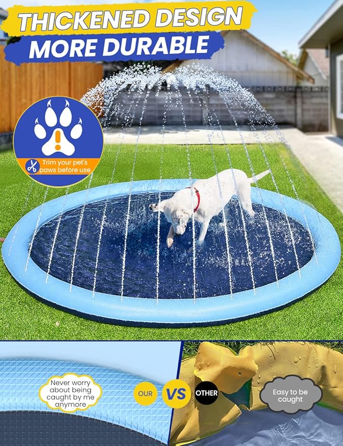 PETOCAT Splash Pad Non-Slip Dogs Cool Sprinkler Pool Extra Large Splash Pads for Kids Dog Baby Wading Pool Summer Outdoor Play Water Fun Toy Gift Easy to Use/Clean 97 inch