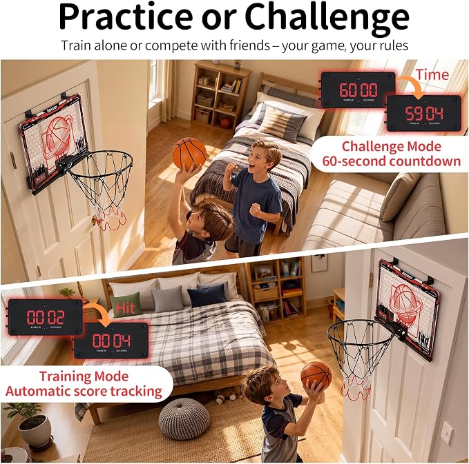 BELEEV Indoor Mini Basketball Hoop with LED Lights, Electronic Scoreboard & Sounds, Over The Door Basketball Hoop for Kids, Ball & Pump Included, Indoor Sports Toy Gift for Boys Girls Ages 4-12 (Red)