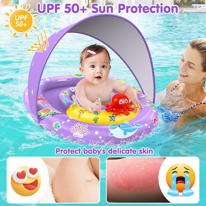 EZIGO Baby Pool Float with Canopy UPF50+ Sun Protection, Inflatable Kids Pool Floats with Ocean Animal Toys for Baby 6-36 Months, Infant Swimming Float with Adjustable Safety Seat for Boys Girls