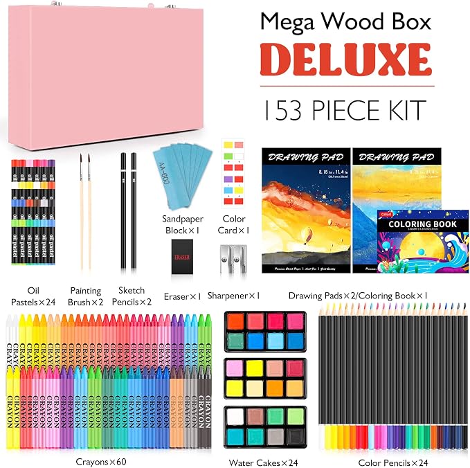 Caliart Art Supplies, 153-Pack Deluxe Art Set in Wooden Case, Crafts Drawing Painting Kits with 2 A4 Sketch Pads, Coloring Book, Stocking Stuffers Gifts for Teens Girls Kids Artists