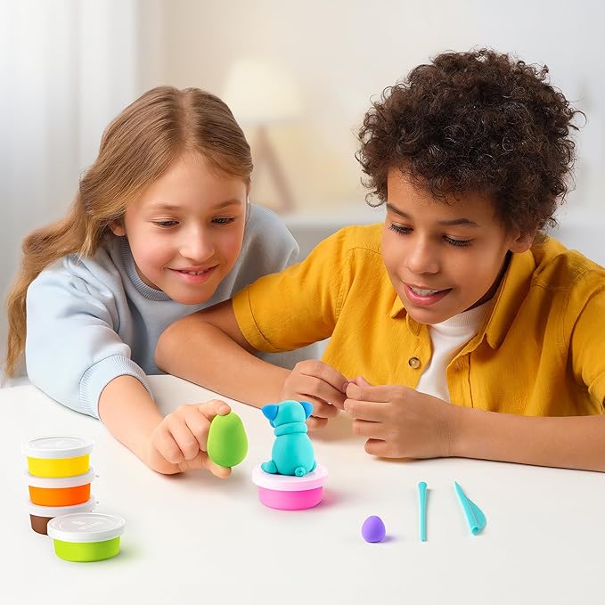 HEY CLAY Colorful Modeling Air Dry Clay for Kids 6 cans with Fun Interactive Instructions App - Kids Activities Age 3+ (Dog Story: Shepherd, Bull Terrier, Yorkie)