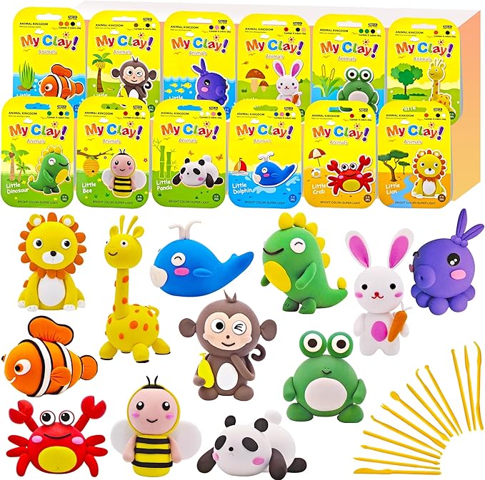 Air Dry Clay for Kids – 12 Animal Modeling Clay Craft Kit with Sculpting Tools and Step-by-Step Tutorials, Non-Toxic Modeling Clay for Ages 6-12, Art Activity Set for Boys Girls