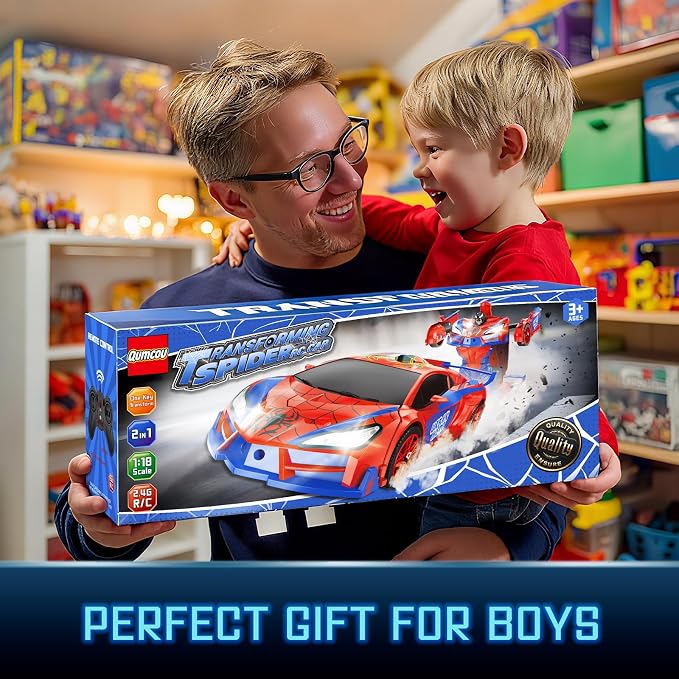 Qumcou Spider Toys for Boys 4-6, Remote Control Car, One-Button Transform Superhero Toys, 2.4Ghz RC Cars, 360° Spin,1:16 Scale, Shinning Red and Blue Light, Birthday Gifts for Boys, Boy Toys Age 6-8
