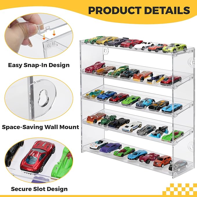 45+ Toy Cars Display Case, 5 Tier Plastic Wall Mount Storage Case for 1:64 Scale Toy Cars & Matchbox Cars, Diecast Cars Storage Organizer, Toy Car Display for Collectors & Kids