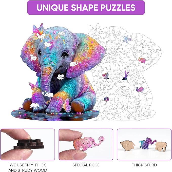 MEATRN Wooden Jigsaw Puzzle - Colorful Baby Elephant with Butterflies, 491 Pcs, 16.3x16.7 in, Animal Puzzles for Adults & Kids, Educational Brain Teaser Gift and Home Art Décor