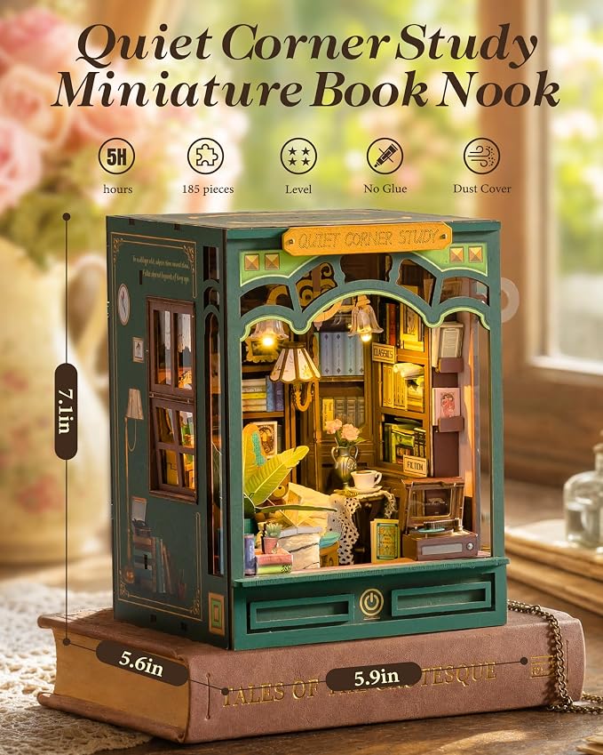 ROBOTIME DIY Miniature House Kit-Quiet Corner Study, Green Dollhouse Book Nook Kit for Adults, Vintage Bookstore Library with LED Bookshelf Insert Decor, Creative Gifts Puzzles for Family Book Lovers