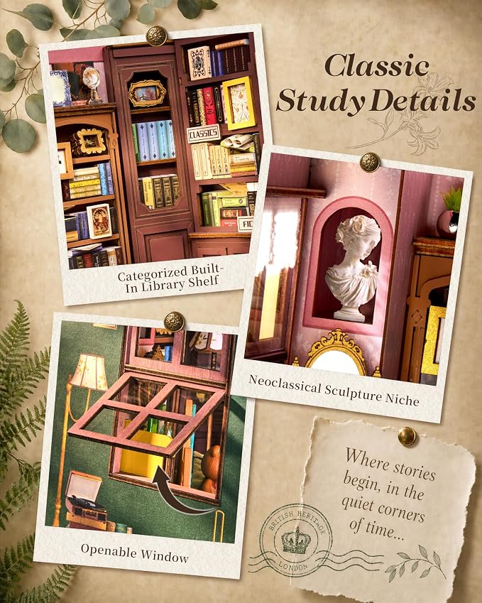 ROBOTIME DIY Miniature House Kit-Quiet Corner Study, Green Dollhouse Book Nook Kit for Adults, Vintage Bookstore Library with LED Bookshelf Insert Decor, Creative Gifts Puzzles for Family Book Lovers