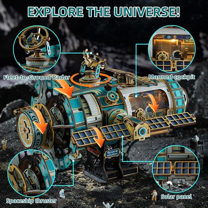 3D Wooden Puzzles International Space Station Model - Collectible Display Model with Interlocking Design, Motorized Solar Panels, Radar & Thrusters, LED Light Effects(Celestigon Station)