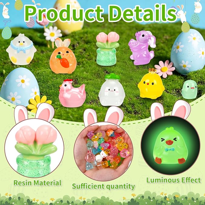 56 Pcs Easter Luminous Mini Resin Figurines 56 Style Glow in The Dark Little Small Resin Miniatures to Hide Bulk Bunny Chick Figures for Easter Party Favors Egg Fillers Micro Garden Landscape Decor